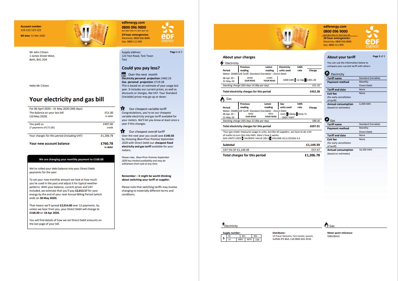 United Kingdom EDF utility bill template in Word and PDF format (3 pages) 1 2